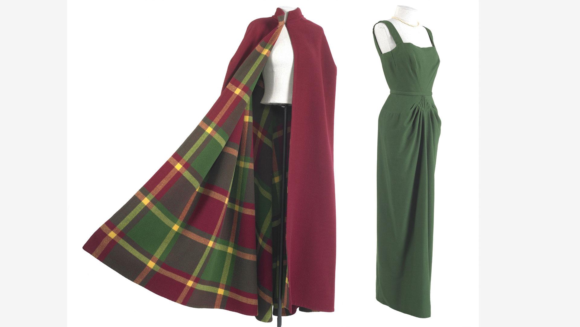 Marie-Louise Bruyere, who was active in Paris from the 1920s through to the early 1950s designed this softly tailored gown and cloak. Originally, Madame Bruyere had designed the cloak to be worn over a green velvet dress. However, when Mary Annette saw the ensemble, she asked if the gown was available in wool. Collection of Te Papa. 