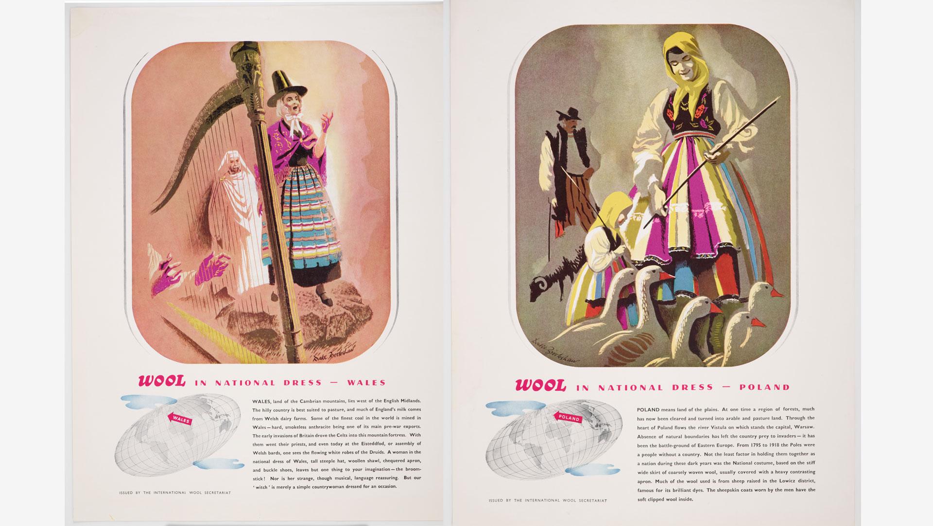 The IWS's 'Wool in National Dress' campaign, illustrated by Drake Bookshaw. Collection of Te Papa.