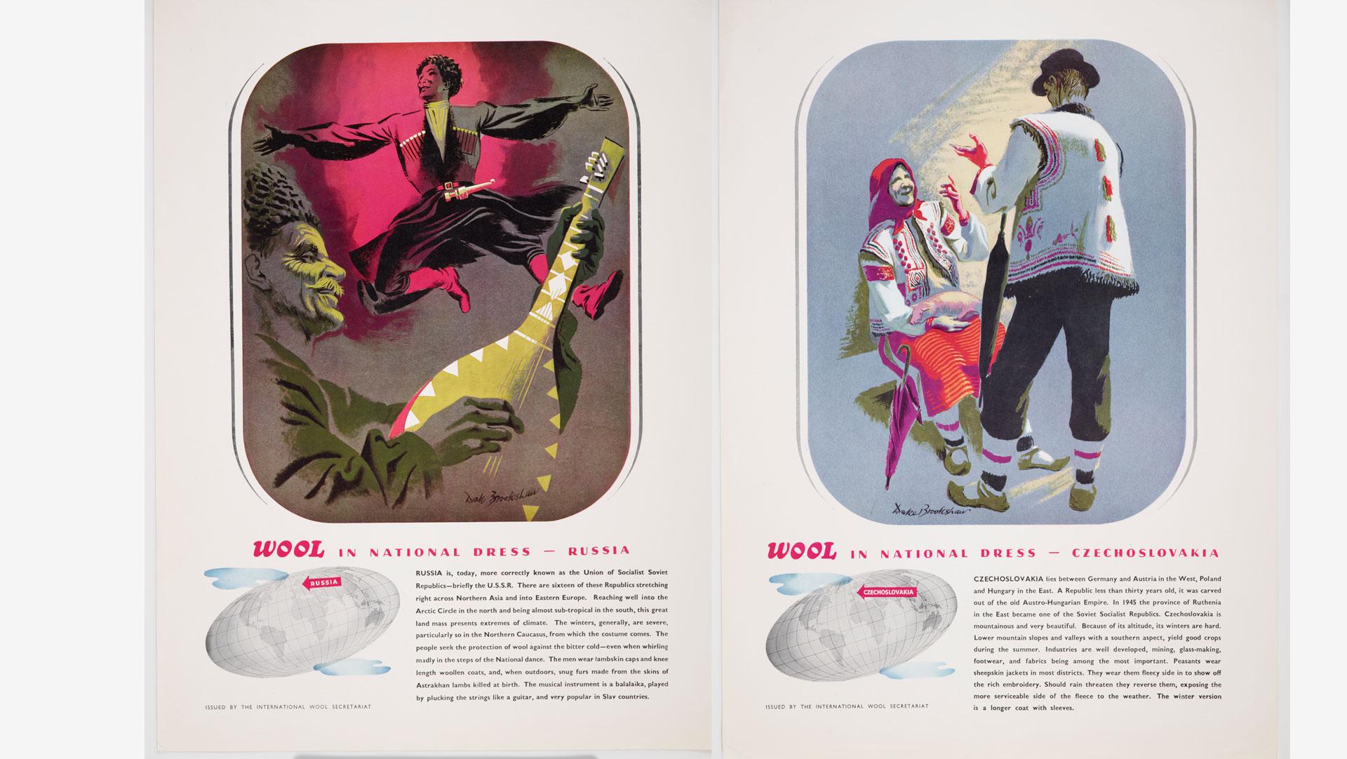 The IWS's 'Wool in National Dress' campaign, illustrated by Drake Bookshaw. Collection of Te Papa.