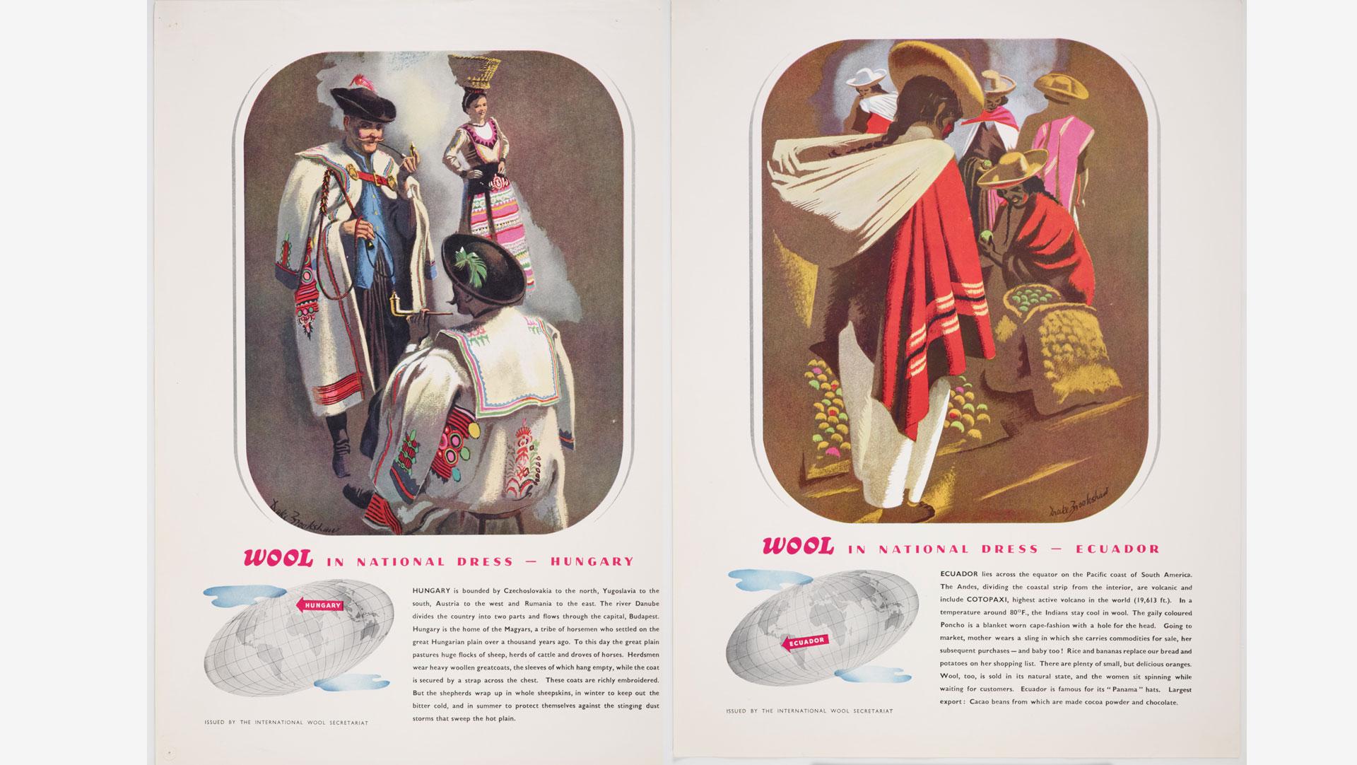 The IWS's 'Wool in National Dress' campaign, illustrated by Drake Bookshaw. Collection of Te Papa.