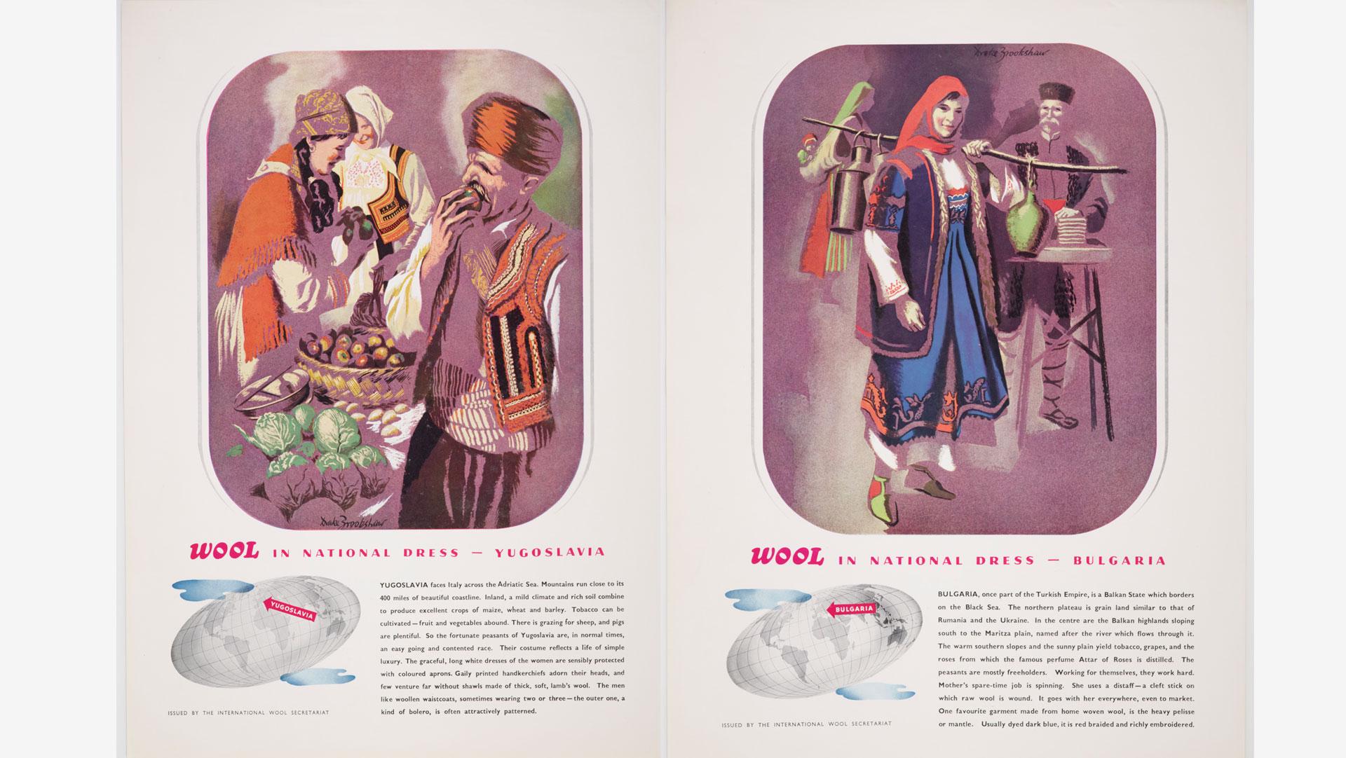 The IWS's 'Wool in National Dress' campaign, illustrated by Drake Bookshaw. Collection of Te Papa.