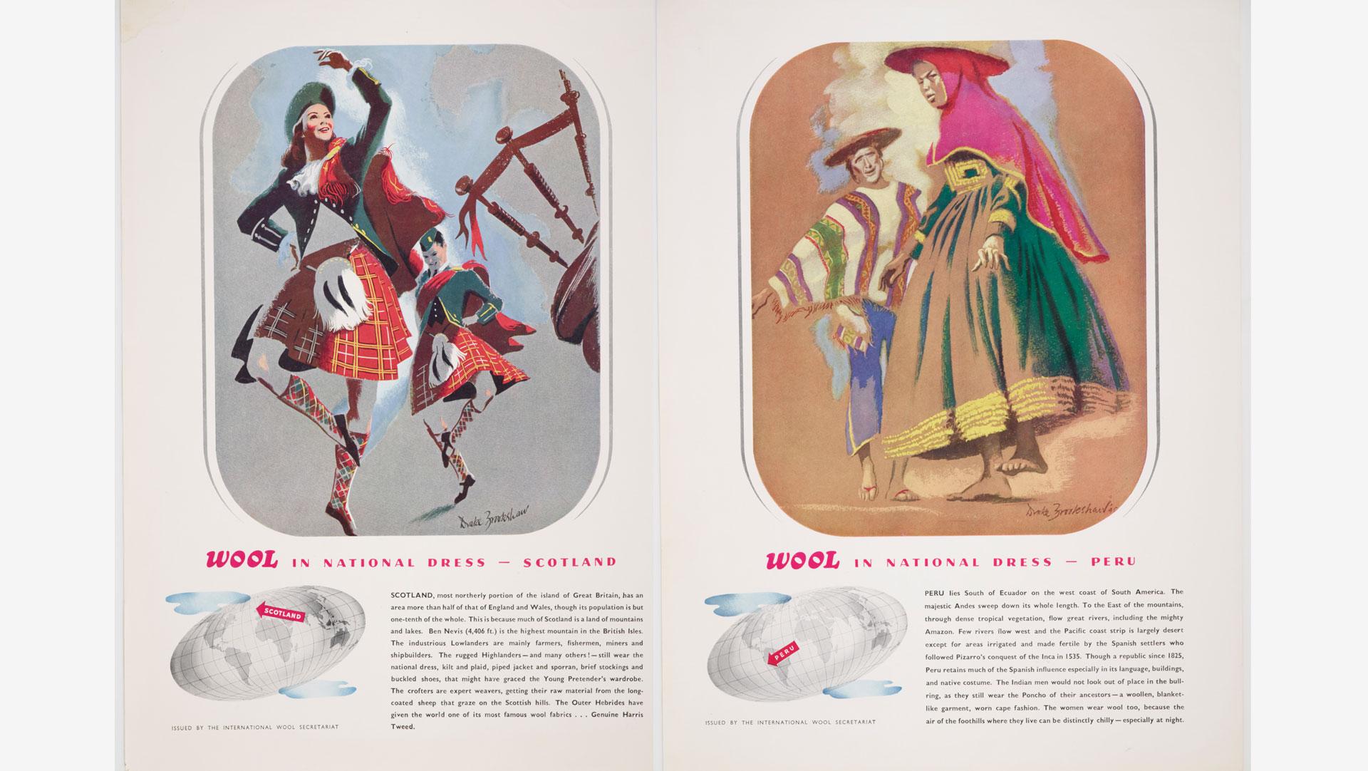 The IWS's 'Wool in National Dress' campaign, illustrated by Drake Bookshaw. Collection of Te Papa.