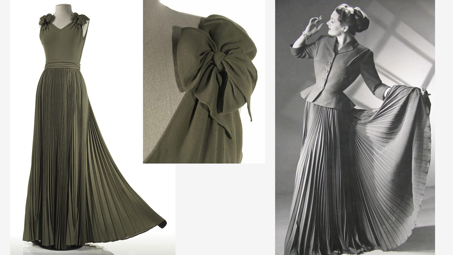 This evening ensemble, photographed by Peter Clark, is by the House of Dorville, London. Collection of Te Papa.