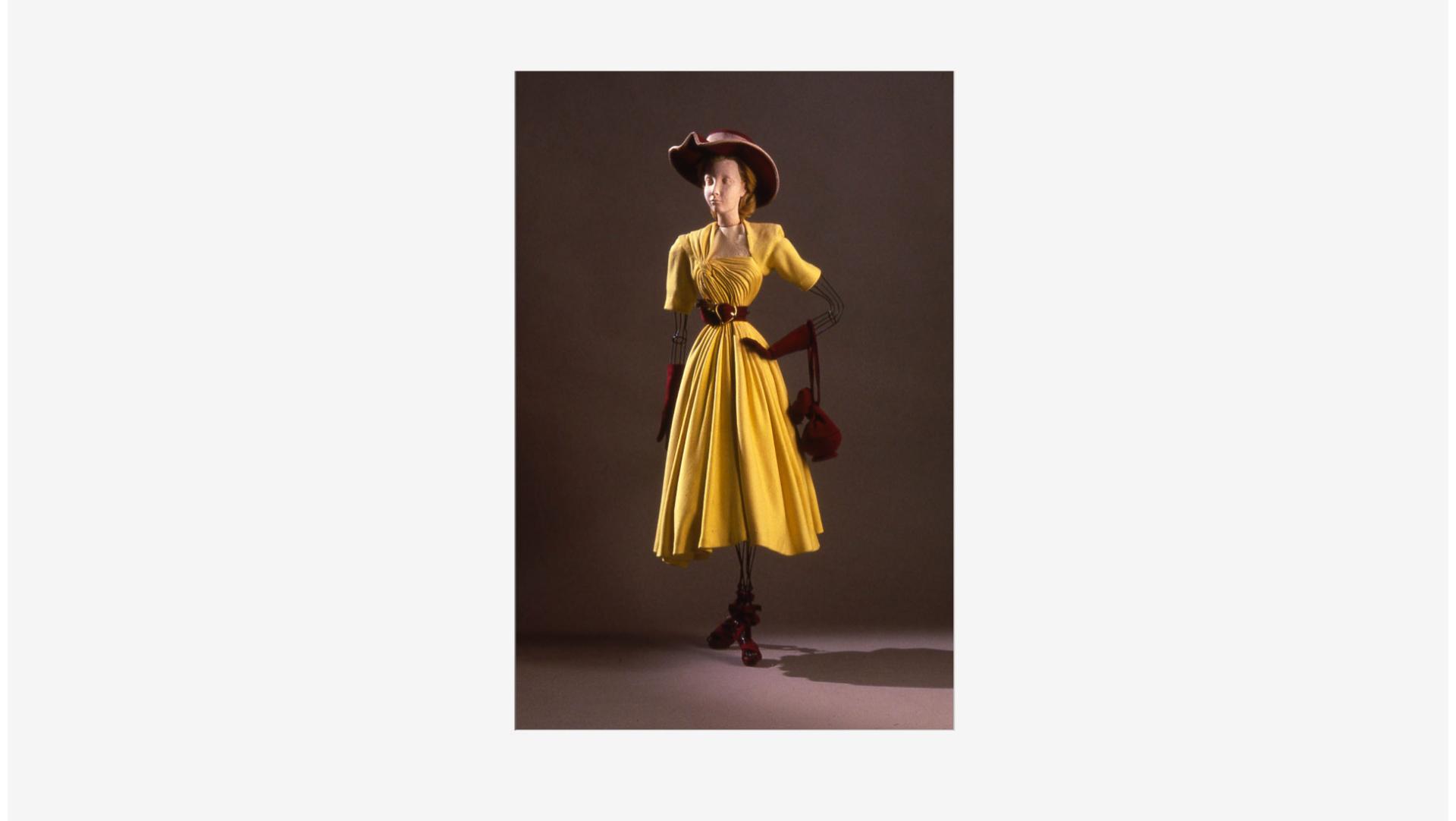 Jeanne Laurie (French, active 1925-1958), Theatre de la Mode Mannequin with Draped Dress and Accessories, 1946. Mixed media, approx 29
